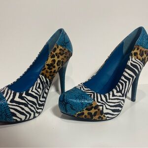 Qupid Blue and Animal Print Heels